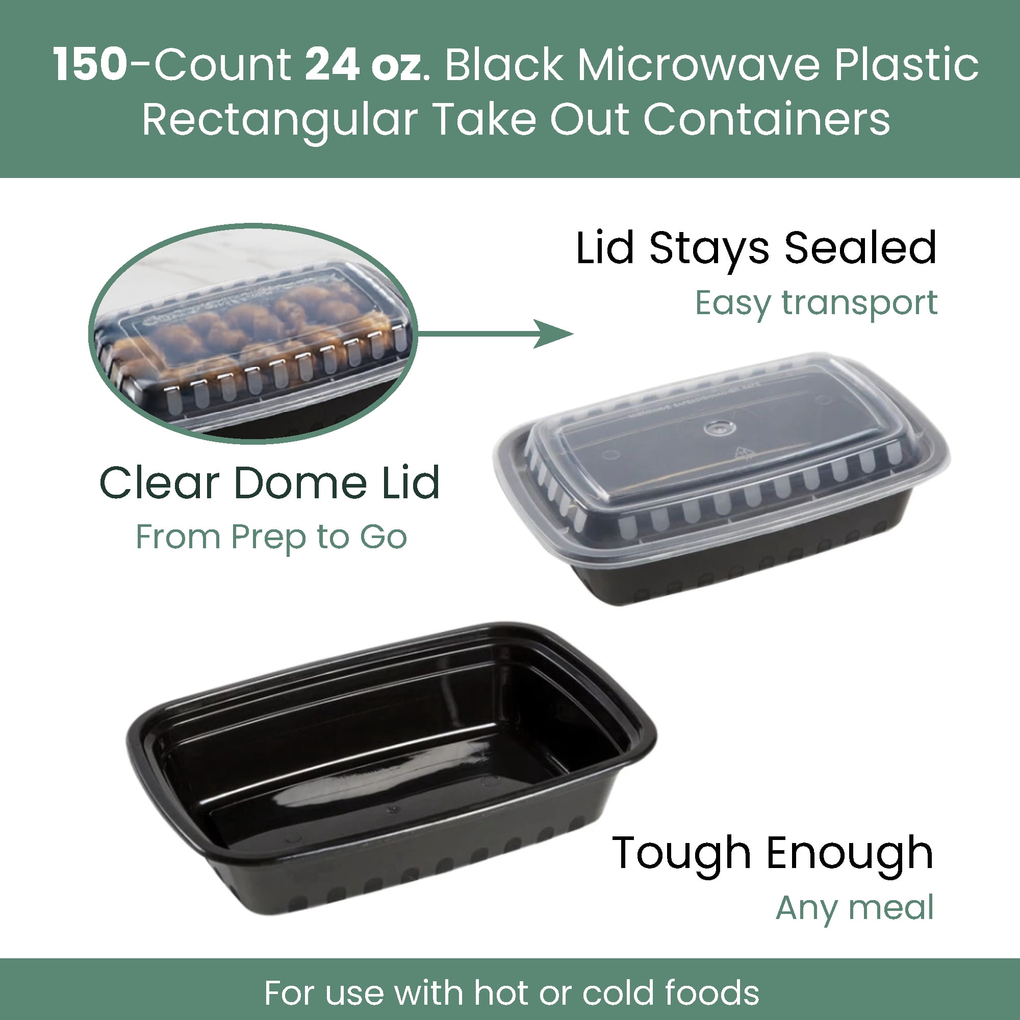 150-Count 24 oz. Black Microwave Plastic Rectangular Take Out Containers
