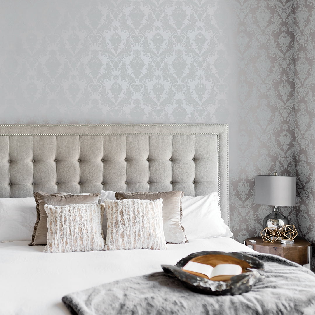 Tempaper Textured Damsel Metallic Platinum Peel and Stick Damask Wallpaper, 20.5" x 16.5'
