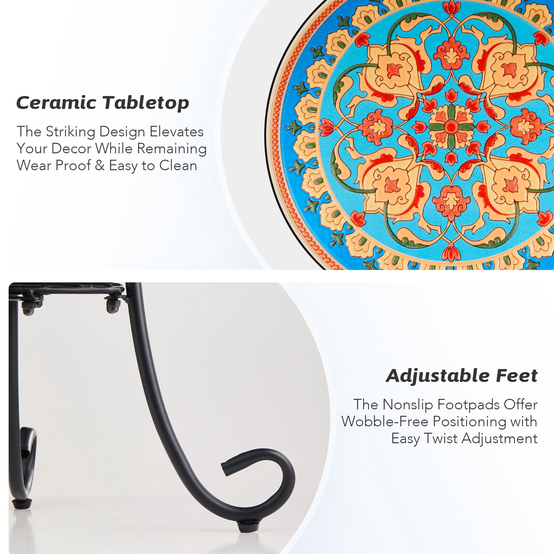14 Inch Side Table w Ceramic Tile Top and Shelf for Patio Balcony Garden Faberge