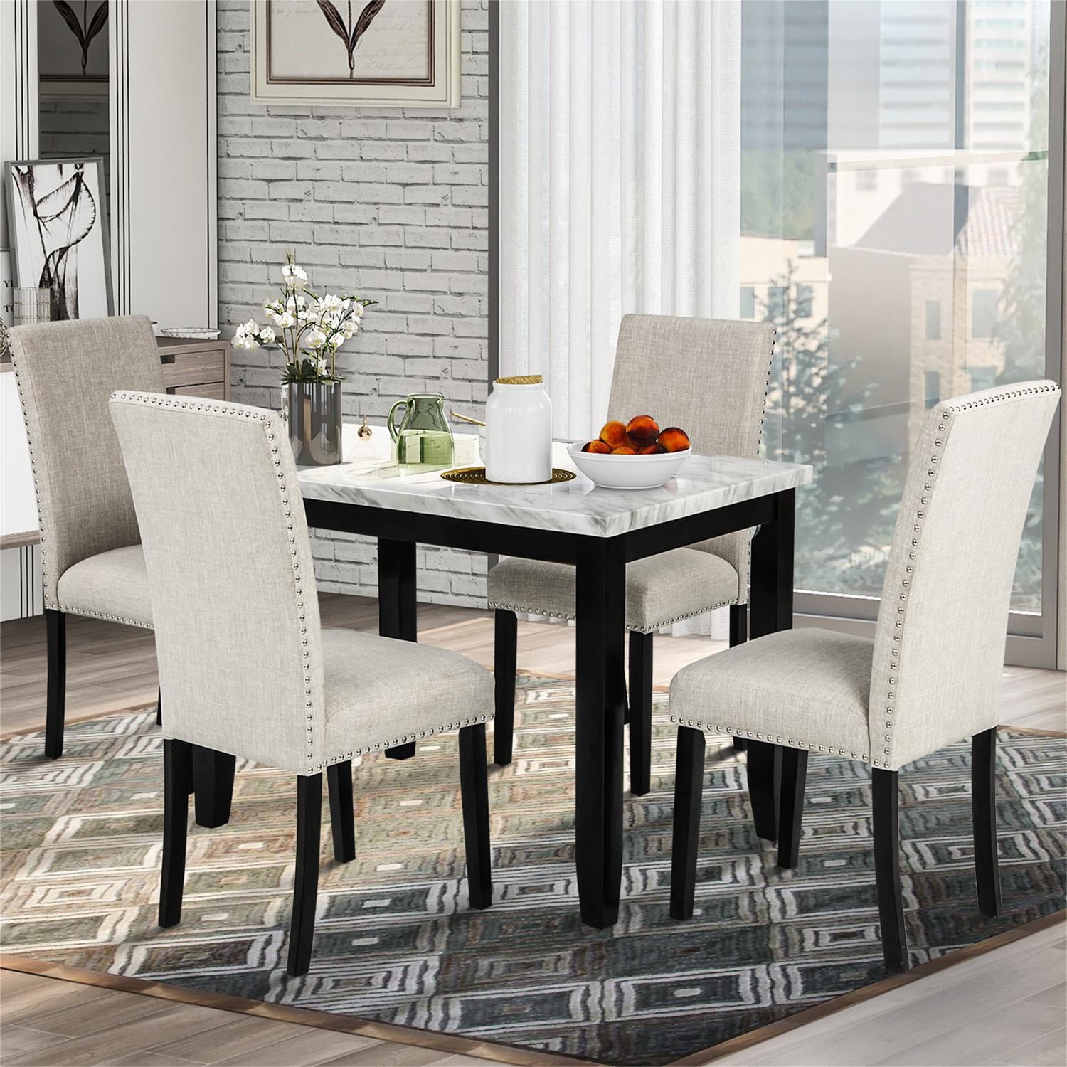 Modern 5 Piece Dining Table Sets, Faux Marble Counter Height Kitchen