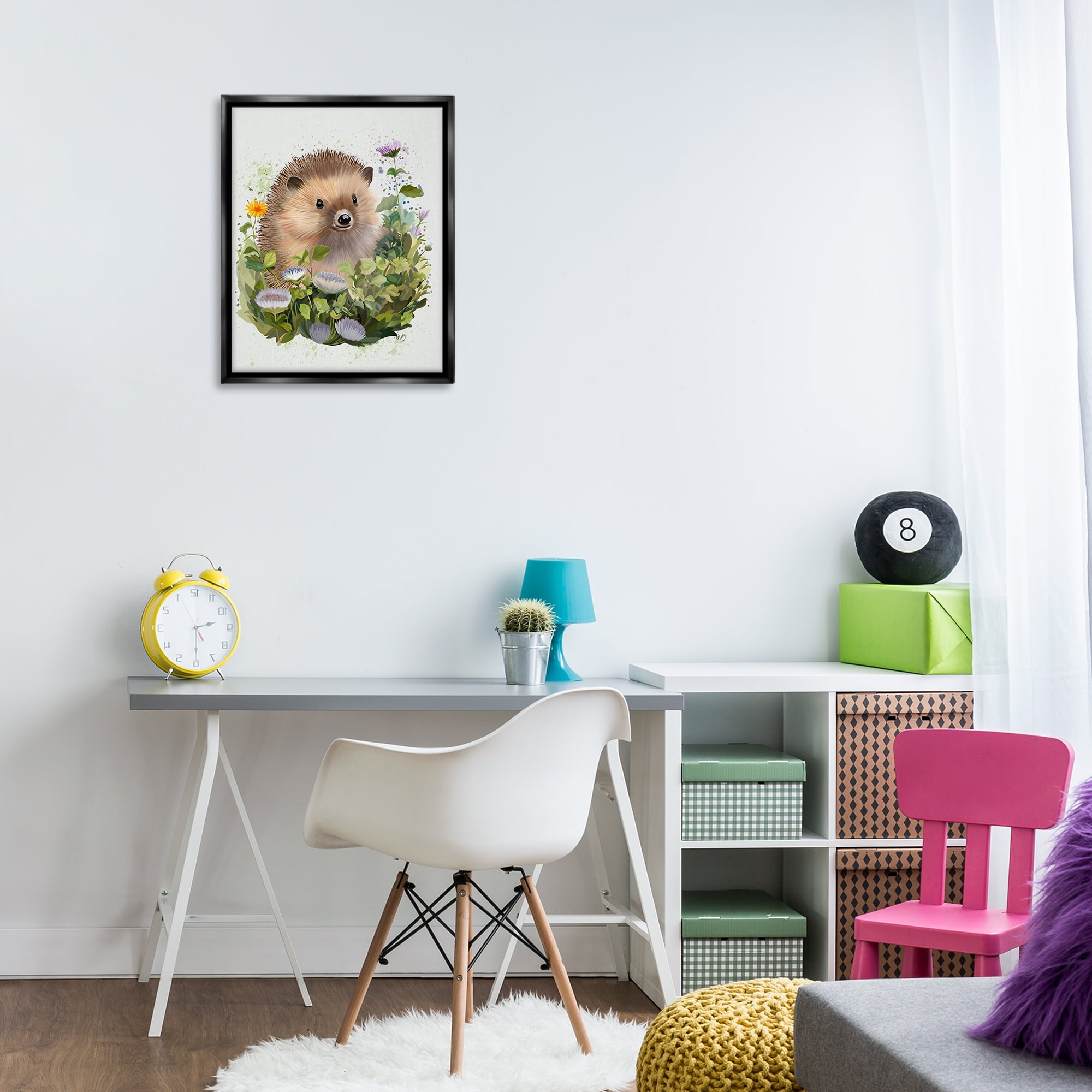 Stupell Industries Hedgehog in Floral Meadow Animals & Insects Painting Black Floater Framed Canvas Art Print Wall Art, 17 x 21