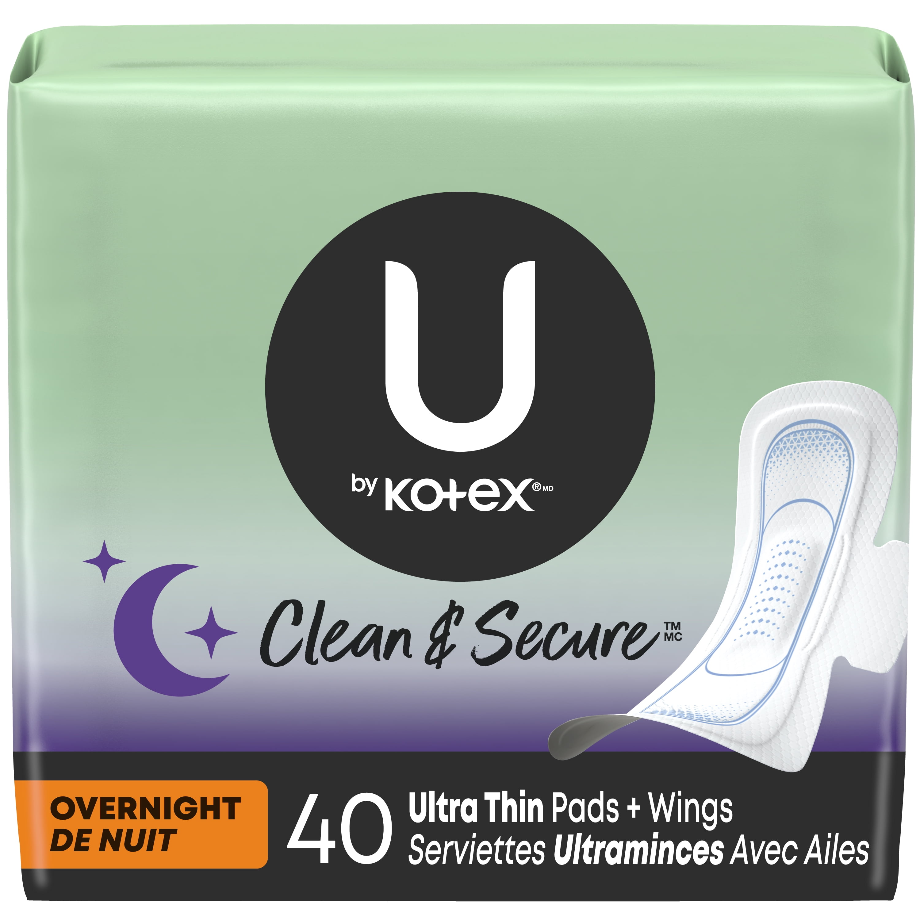 U by Kotex Clean & Secure Ultra Thin Overnight Pads with Wings, 40 Count
