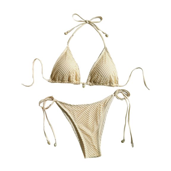 Efsteb High Waisted Swimsuits for Women Two Piece Swim Suit Halter Bandage Bikini Sets Print Fashion Bathing Suits Swimwear (Beige,L)