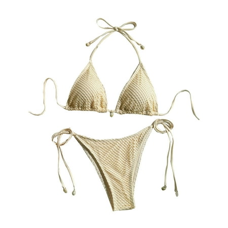 Jjayotai No Boundaries Two Piece Swimsuit for Women  Fishnet Mesh Triangle Halter Tops High Cut Thong Bikini Set  Womens Bathing Suits  Women s Swimwear Beige~ M