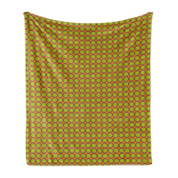 Oriental Soft Flannel Fleece Throw Blanket, Antique Circular Floral Motif with Vibrant Colors, Cozy Plush for Indoor and Outdoor Use, 70" x 90", Yellow Green Orange, by Ambesonne