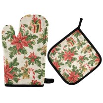 Yayeee Oven Mitts and Pot Holder Set of 4 Heat Resistant Kitchen Gloves Baking Hot Pad, Retro Christmas Holly