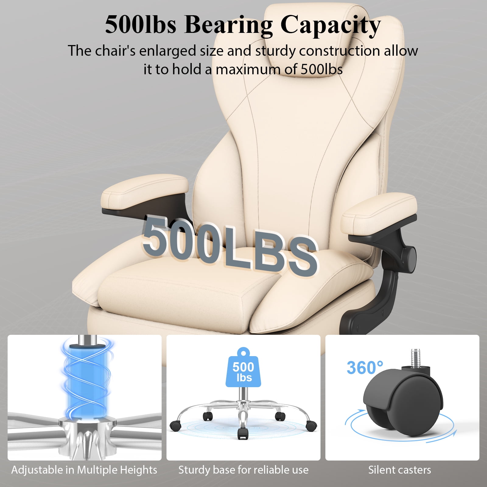 E-motie Home Office Chair with Flip-up Arms, Adjustable High Back Chair, Quiet Nylon Wheels, Beige