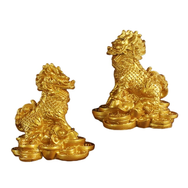 1 par de estatuas Kylin de Feng Shui, figuras chinas para decoración del hogar, sala de estar u oficina Oro 9x9.5cm
