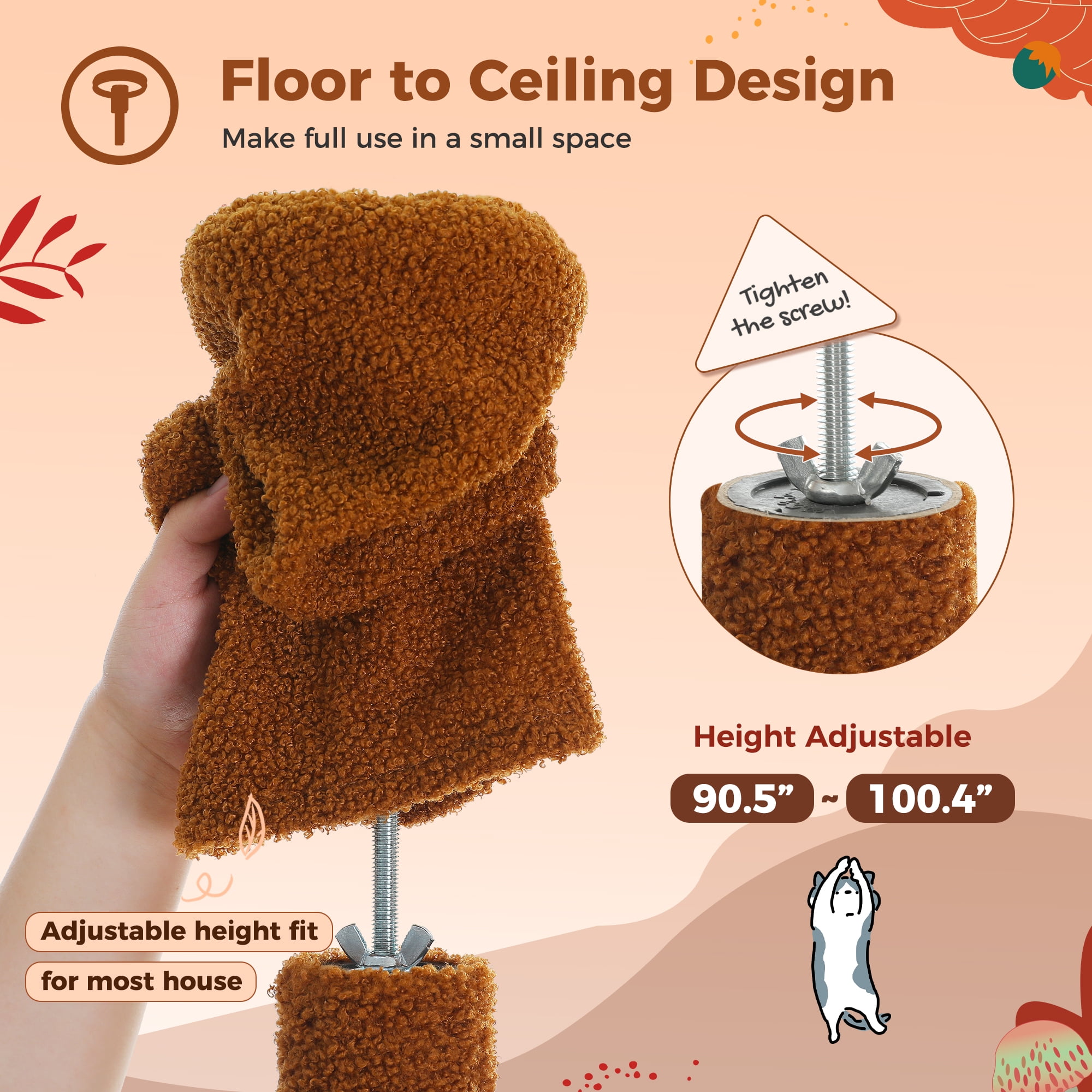 PAWZ Road 90.5-100.4" Floor to Ceiling Cat Tree Tower, Adjustable Climbing Tree for Large Cats Scratching, Brown
