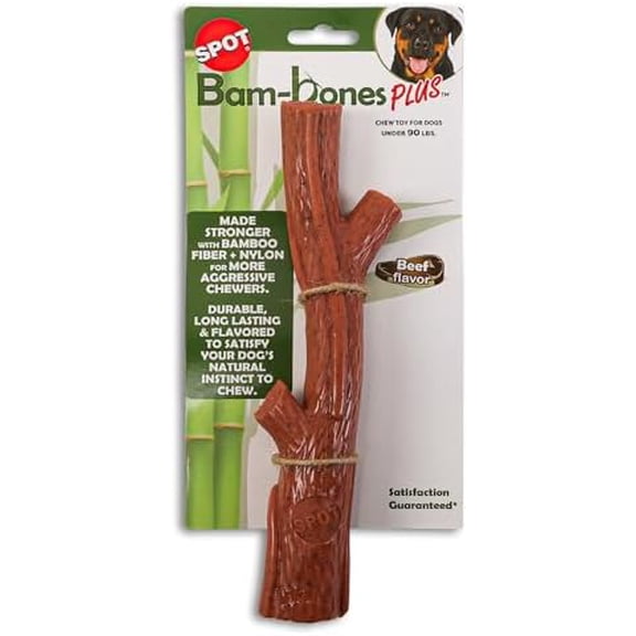SPOT Bam-bones PLUS Branch -Bamboo Fiber & Nylon, Durable Long Lasting Dog Chew for Aggressive Chewers – Great Toy for Adult Dogs & Teething Puppies under 90lbs, Non-Splintering, 9.5in, Beef Flavor