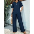 thumbnail image 2 of Womens V Neck Two Piece Set Short Sleeve Top and Casual Long Pants Fashion Slimming Outfit Navy Blue XXL, 2 of 7