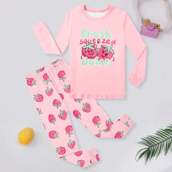 BOOMNY Girls 2 Peice Pajamas Sets Strawberry Graphic Long Sleeve Sleepwear Tops Pants Pjs Set for Kids Cozy Loungewear Homewear
