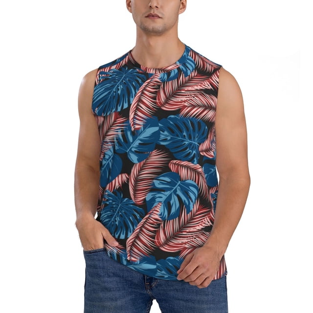 Fotbe Tropical Leaves Men's Camiseta sin Mangas Estampada para Hombres, Playera Casual para Gimnasio, Entrenamiento, Playa-X-Large