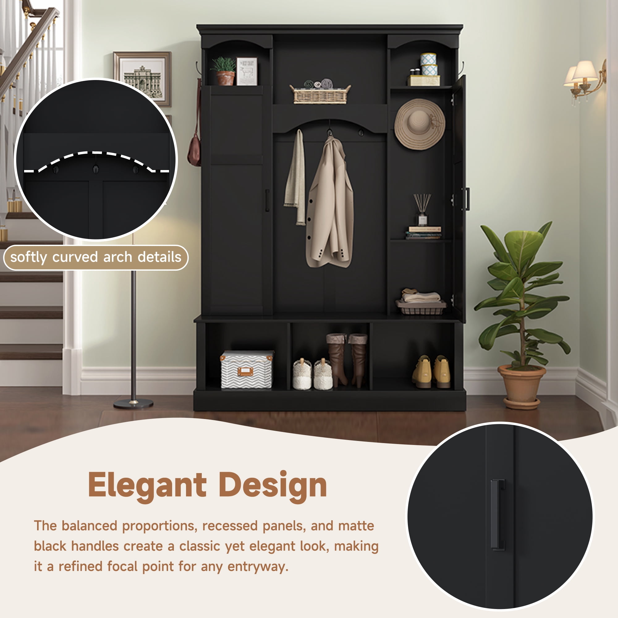 T-Foyer Farmhouse Black Hall Tree with 7 Hooks & 2 Cabinets, Wooden Rustic Entryway Organizer with Open Storage & Adjustable Shelves