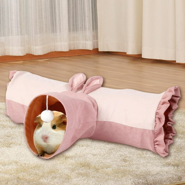 Guinea Pig Tunnel Tube, Pet Interactive Toy, 3 Way Hideaway Small Animal Playing Pink Rabbit