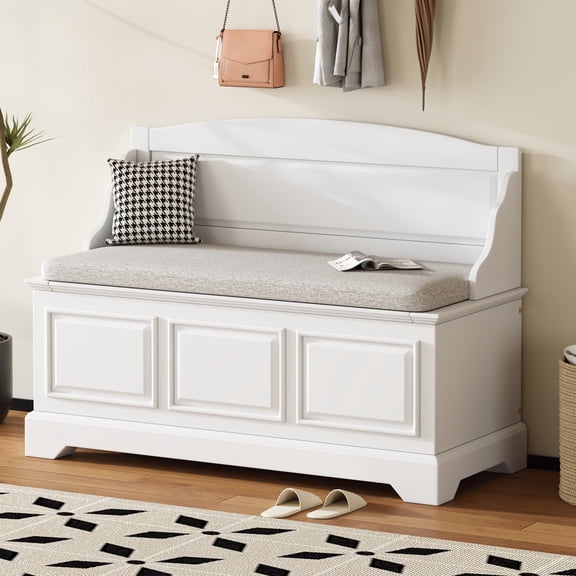 Shoe Storage Bench with Cushion and Backrest, Entryway Storage Bench with Hidden Compartment, Vintage Wooden Storage Chest Seat for Bedroom Living Room Hallway