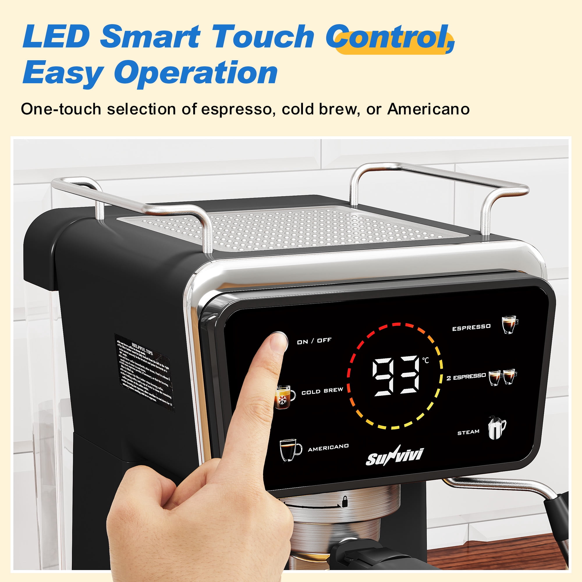 SUNVIVI 20 Bar Espresso Machine, 3-in-1 Hot & Iced Coffee Maker with Milk Frother, LED Touch Control, Removable 52oz Water Tank