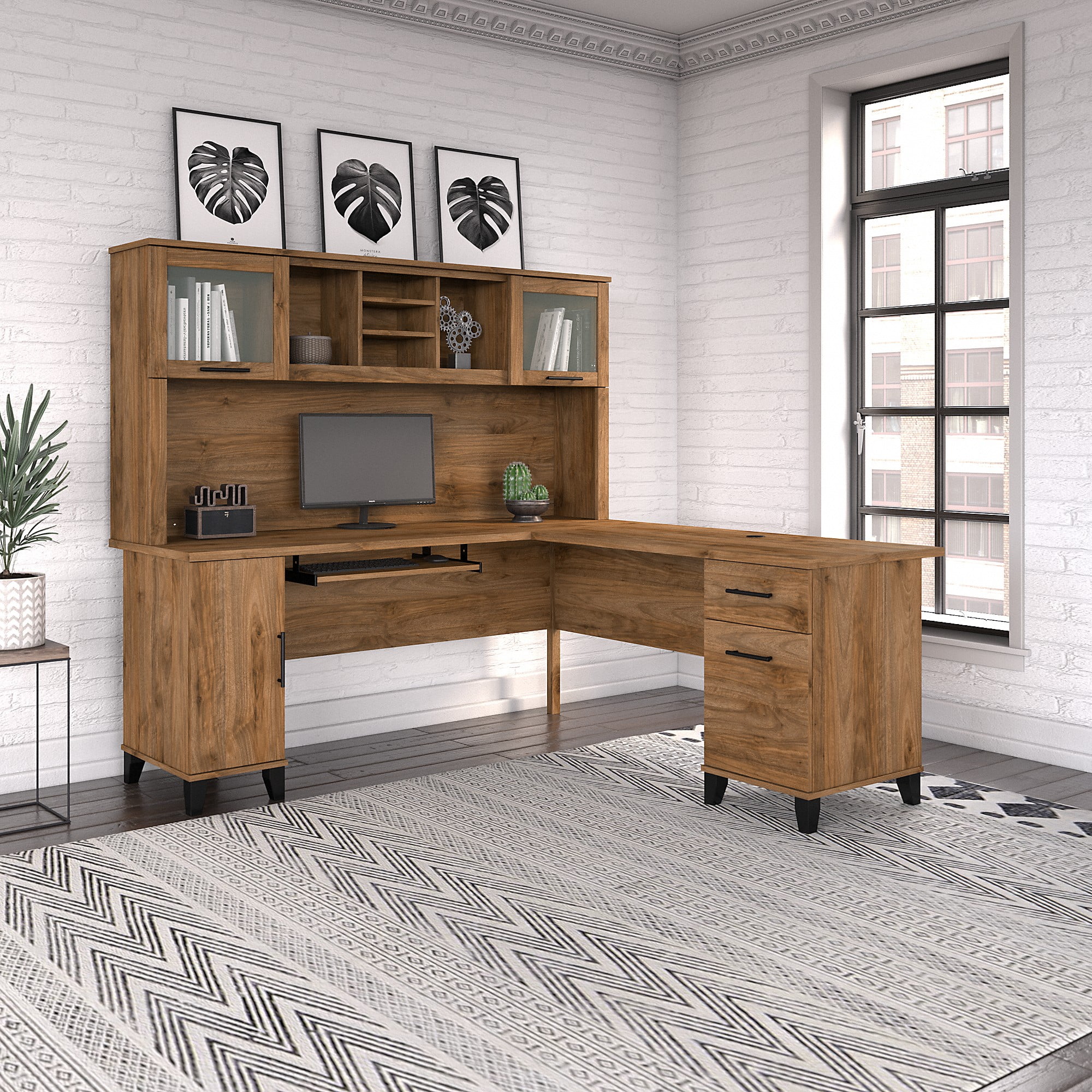 Bush Furniture Somerset 72" L Desk and Hutch with Storage, Fresh Walnut