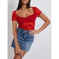 thumbnail image 5 of Raccmtaty Women's Summer Slim Crop Tops Short Sleeve Low Cut Sheer Lace Floral Club T-shirt, 5 of 6