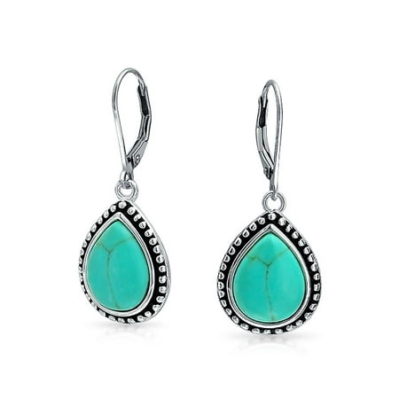 Tanzanite Womens Earring Bali Style Stabilized Turquoise Framed Pear Shaped Teardrop Leverback Dangle Earrings For Women Oxidized Sterling Silver ()