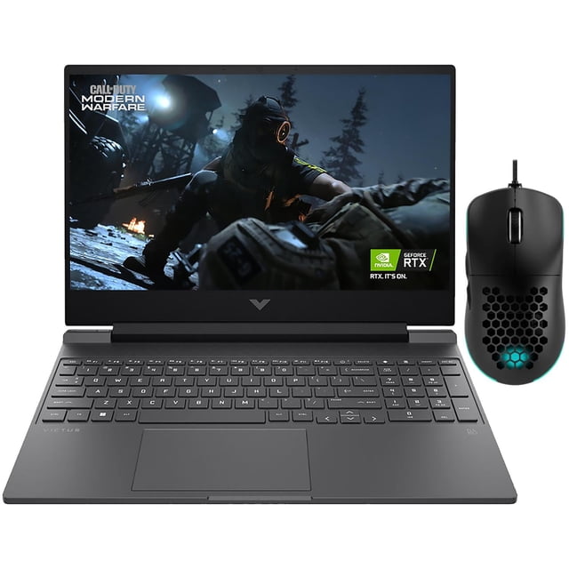 laptop gamer hp victus geforce rtx 2050 amd ryzen 5 7535hs ram 16gb 512gb ssd 15.6" windows 11 home + mouse dxt gaming teclado en ingles Vista frontal centrada de la HP Victus con pantalla 15.6" FHD 144 Hz mostrando un juego, teclado en inglés, chasis gris oscuro y logotipo Victus; trackpad centrado. A la derecha, mouse gaming con cable y carcasa perforada; a menudo se usa también para streaming ligero.
