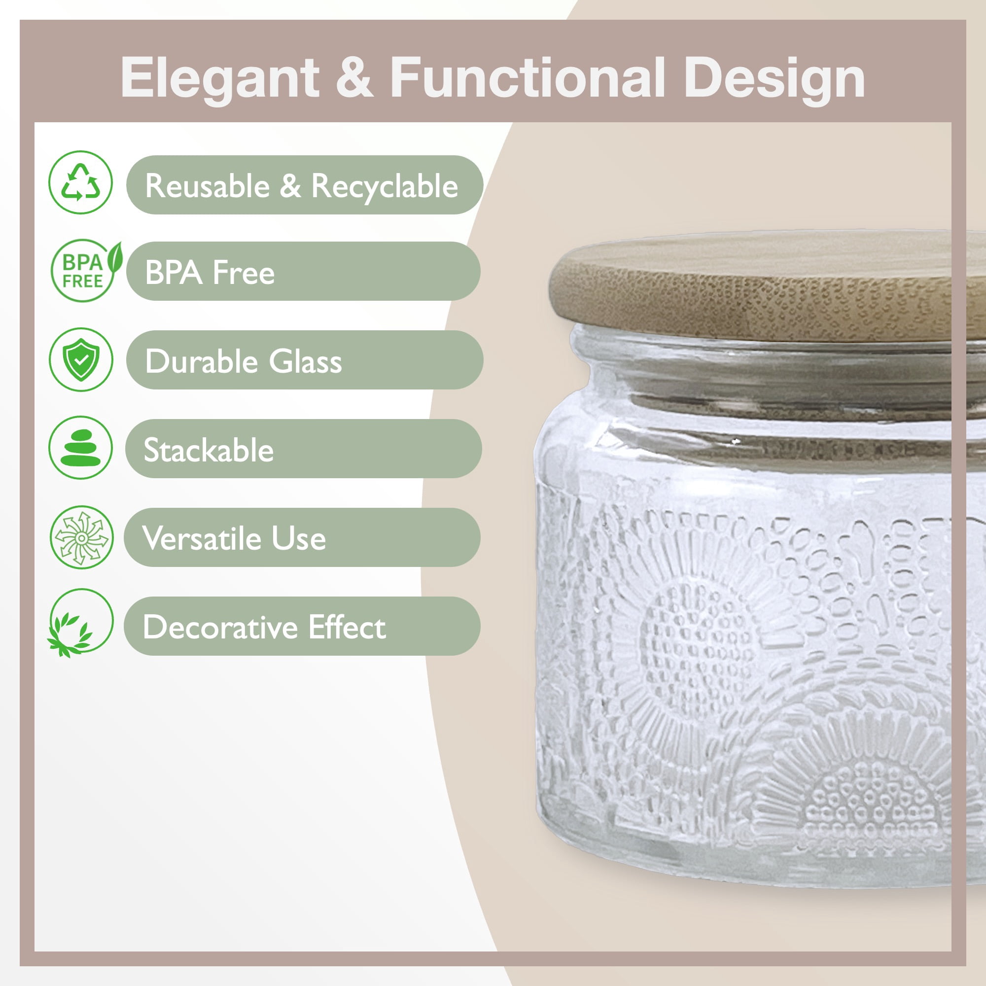 LINGSHINE 4 oz Mini Glass Food Storage Jars with Reusable Bamboo Lids, 12-Count 6 Colors Embossed, Home Décor Candle Making Parties Wedding Baby Shower Favors Gift