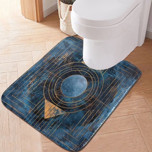 Toilet Rug U-Shaped Bathroom Rugs Non-Slip Soft Plush Machine Washable Contour Bath Mat Abstract Moon Blue Geometric 24x20