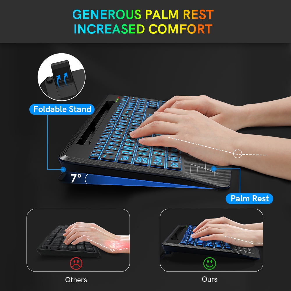 Wagpak 7 Colored Backlits Wireless Keyboard with Wrist Rest, Black, New