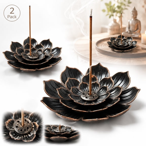2 Pack Brass Incense Burner Holder - Lotus Shaped Stick Incense Holder for Meditation, Yoga, Home Decor - Durable Metal Cone & Stick Incense Stand with Ash Catcher