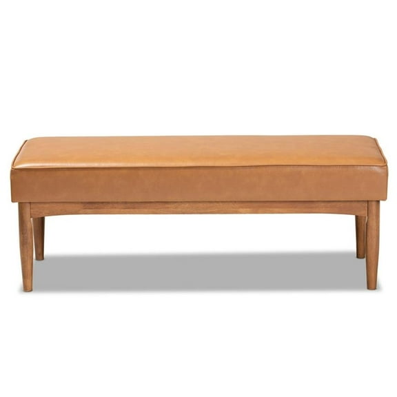Bowery Hill Tan Faux Leather Upholstered and Brown Finished Wood Dining Bench