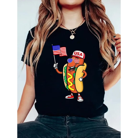 Cotton Patriotic Hot Dog American Flag USA Funny 4th of July Fourth T-Shirt Women's Graphic Tee Casual Tops
