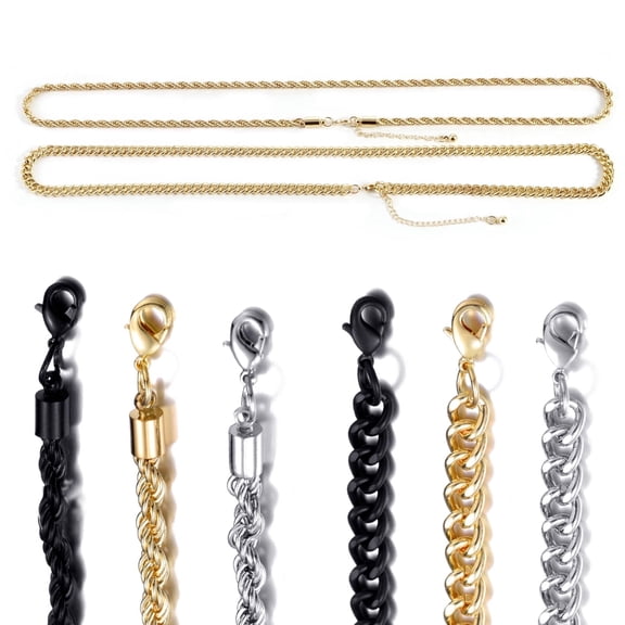 Velvinea Men's Stainless Steel Cuban Link and Rope Chain Necklaces, 6-Pack Assorted Colors