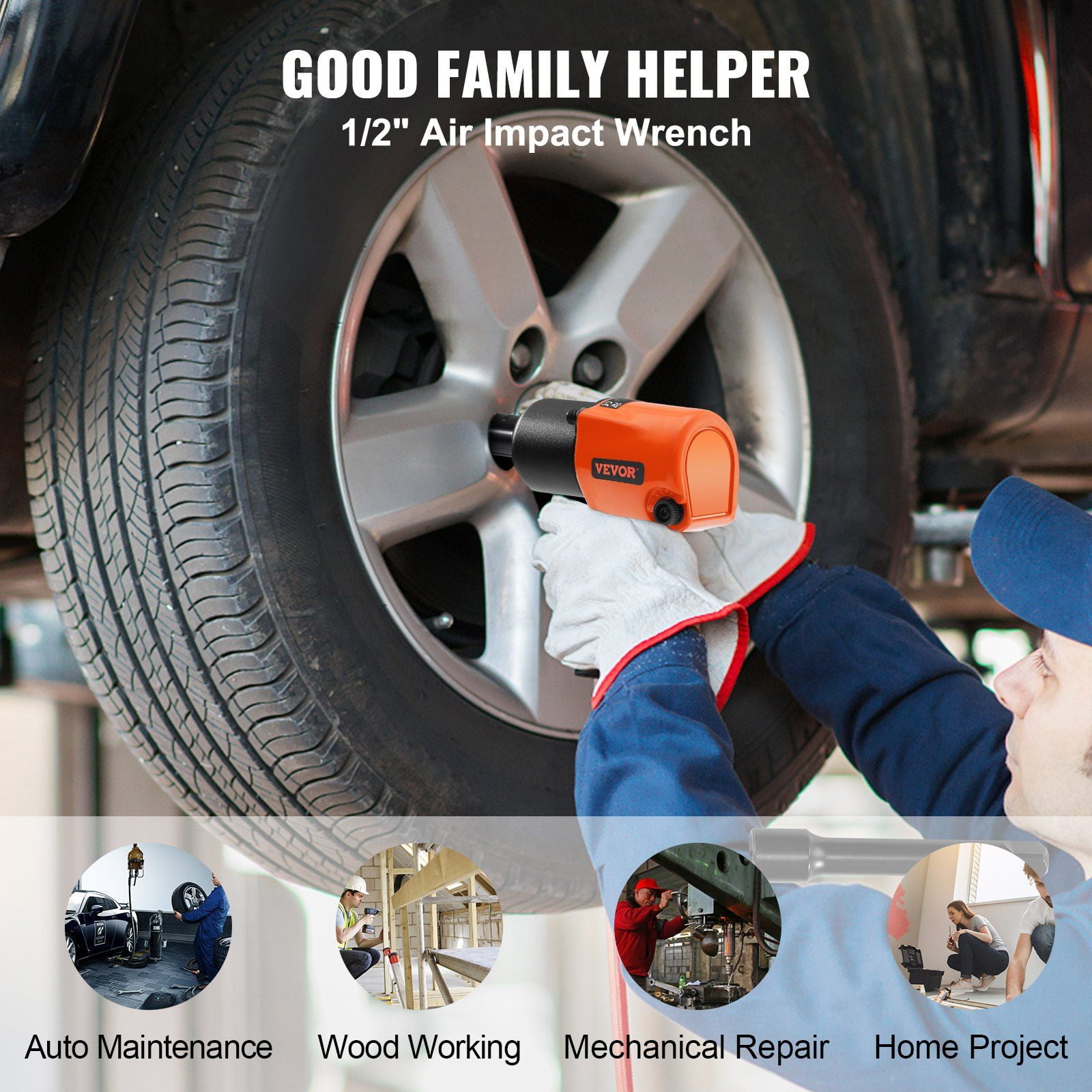 Lightweight 1/2" Pneumatic Impact Wrench with 880ft-lbs Nut-Busting Power & 7500RPM for Auto Workshops