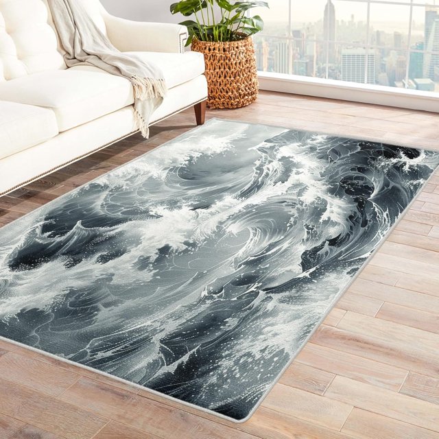 Waves Rugs for Living Room Bedroom - Ocean Rug 3x5 - Ocean Carpet for Home Decor - Washable Non Slip Patterned Indoor Small Area Rug - Soft & Low Pile (ZN&808)
