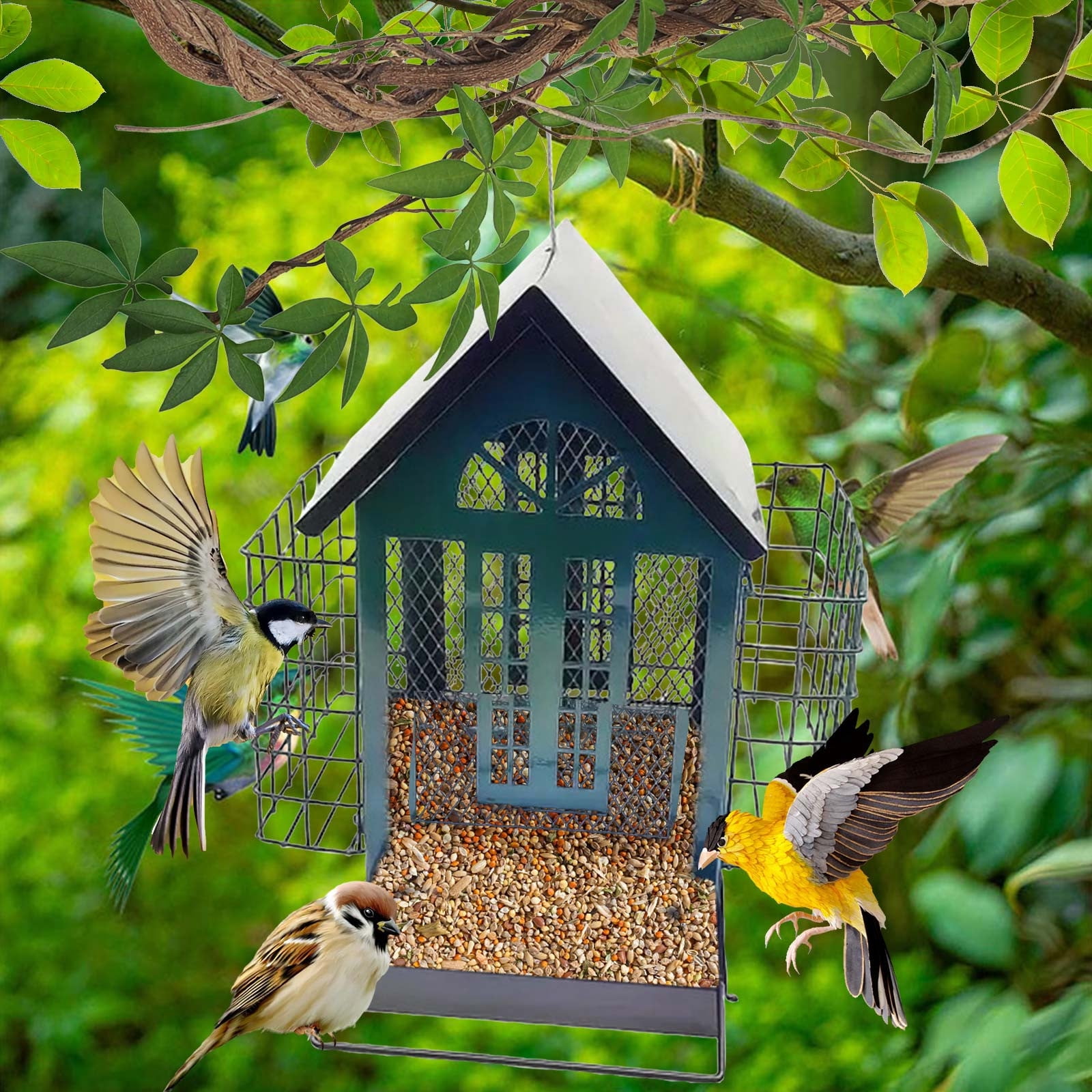 HongHeng Bird Feeders for Outdoors Hanging, Large Capacity Metal Mesh Wild Bird Feeder, Bird Feeder Built-in Drainage Hole, Weatherproof, Suitable for Cardinal Wild Birds
