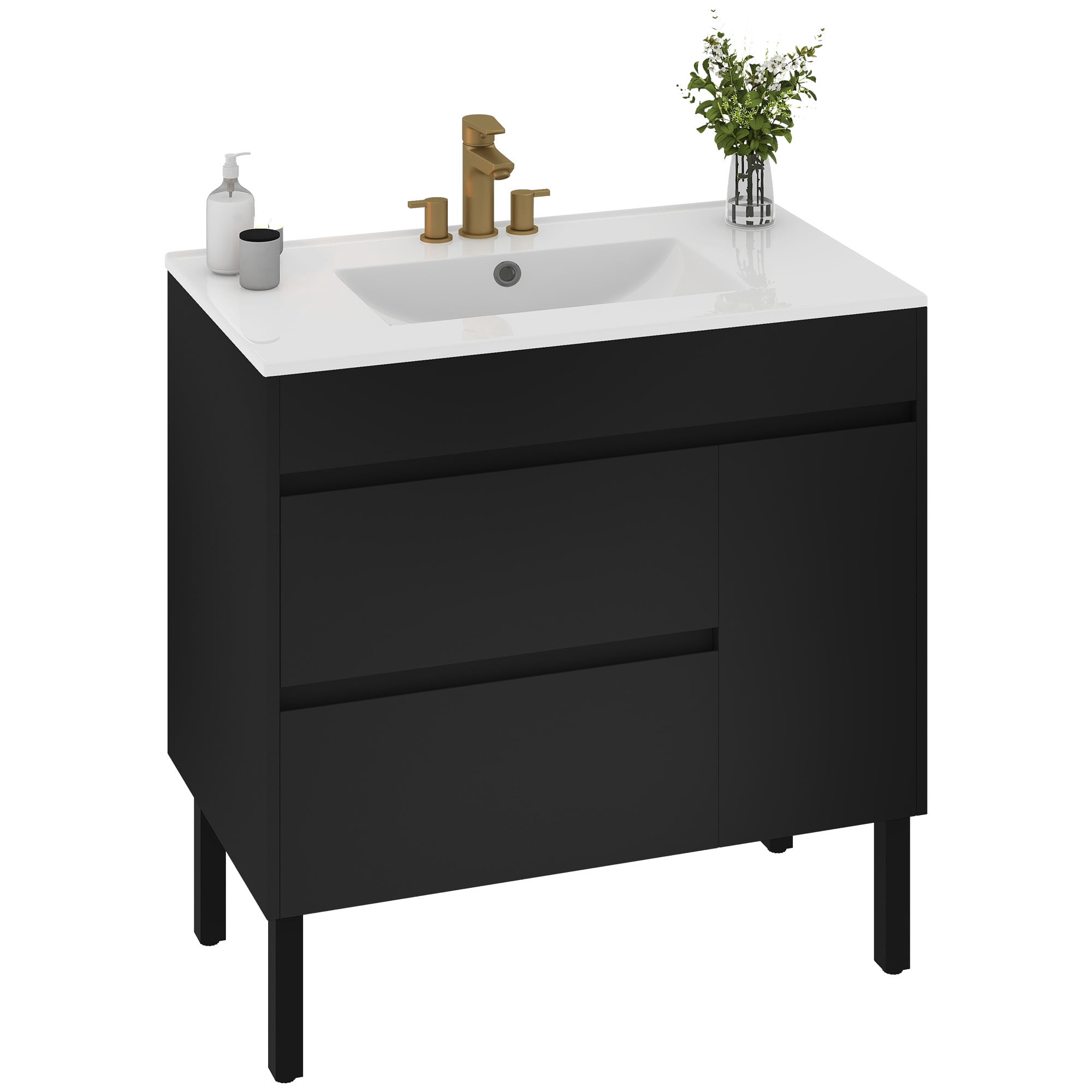 Uforic 36 Inch Bathroom Vanity with Sink, Freestanding Storage Bathroom Vanity for Media Space, with 1 Soft Closing Cabinet & 2 Drawers, Black, Mid-Century Modern