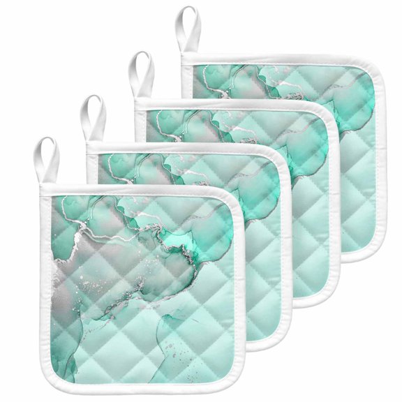 Aqua Marble Pot Holders for Kitchen Heatproof Potholder, 4 Pack Modern Abstract Waves Silvery Farmhouse Hot Pads Multipurpose Oven Pads Cloth Potholders Trivet for Cooking and Baking