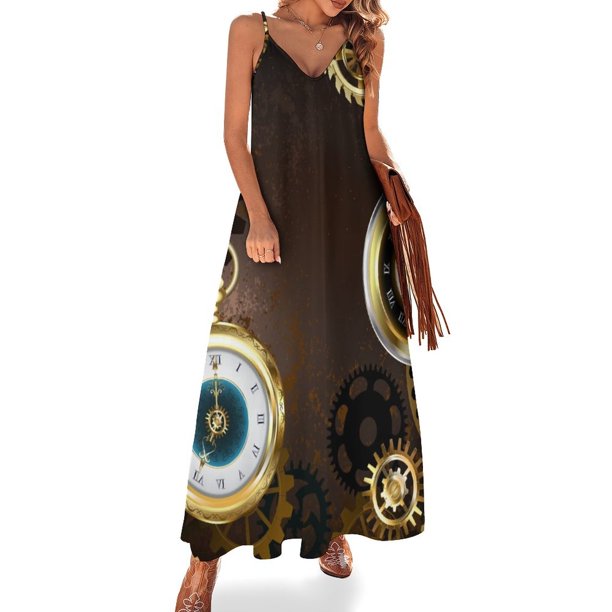 Vestido sin mangas con fondo marrón y reloj (Steampunk) Vestidos de noche de lujo 2024 Vestidos de falda de verano para mujer 2024