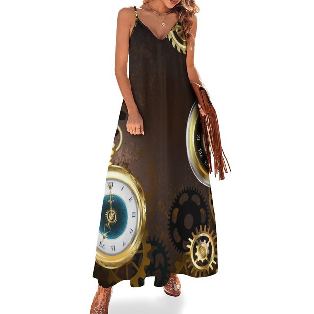 Vestido sin mangas con fondo marrón y reloj (Steampunk) Vestidos de noche de lujo 2024 Vestidos de falda de verano para mujer 2024