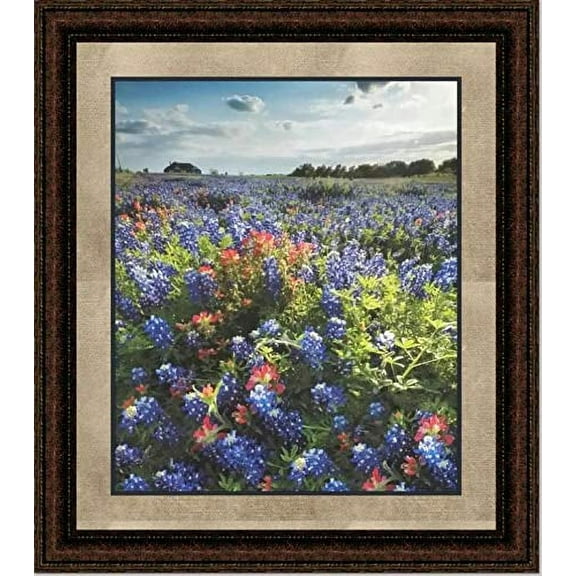 Blue Bonnet Field IV | Western Framed Floral Art in Double Mat | 19L X 16W" Inches