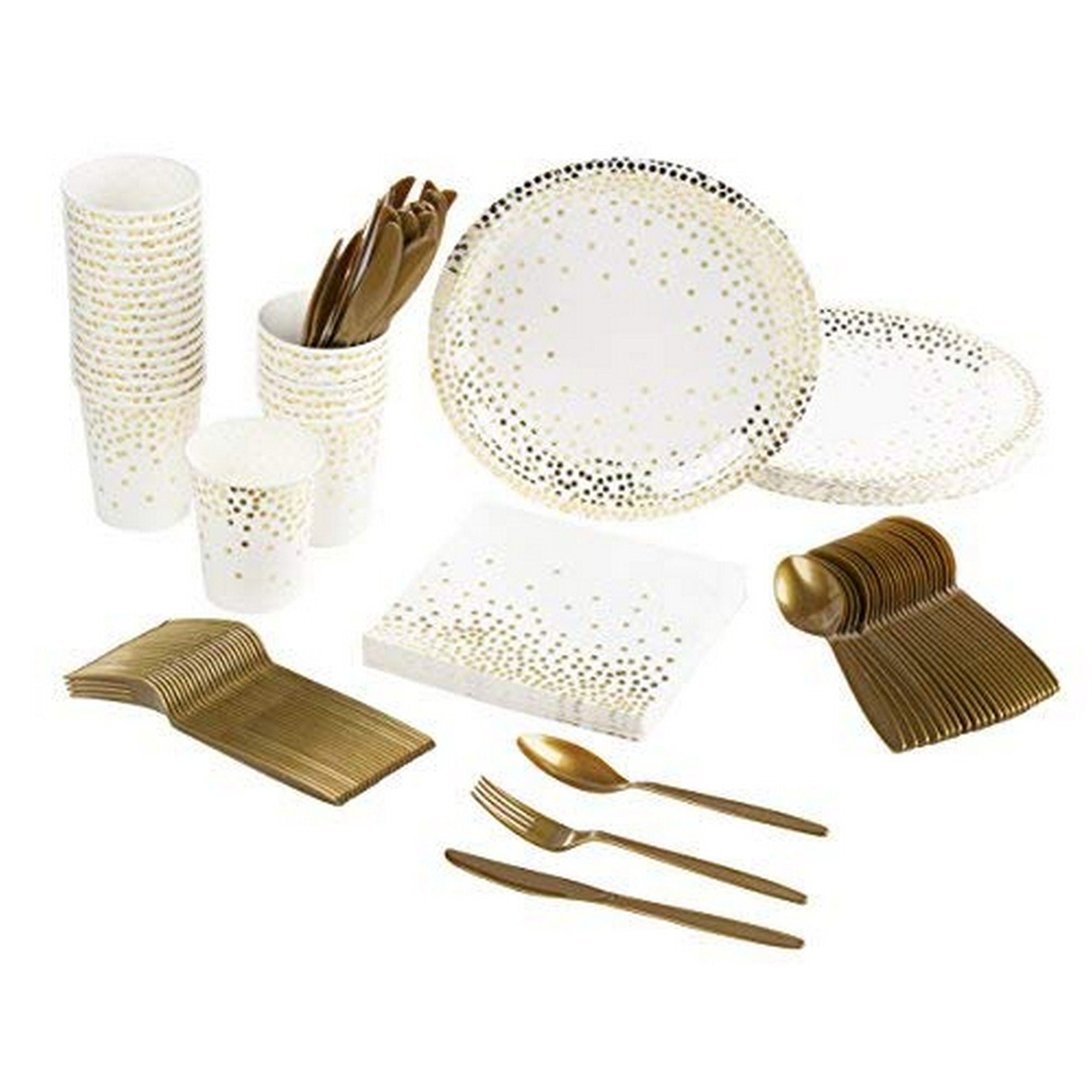Serves 24 Gold Party Supplies, 144PCS Plates Napkins Cups, Foil Polka Dots Favors Decorations