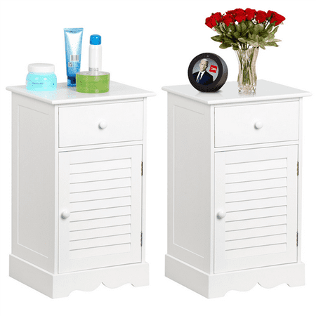 Pine End Table With Drawer Set of 2 Wooden Nightstands End Table Storage with Storage Drawer and Cupboard Units White ()