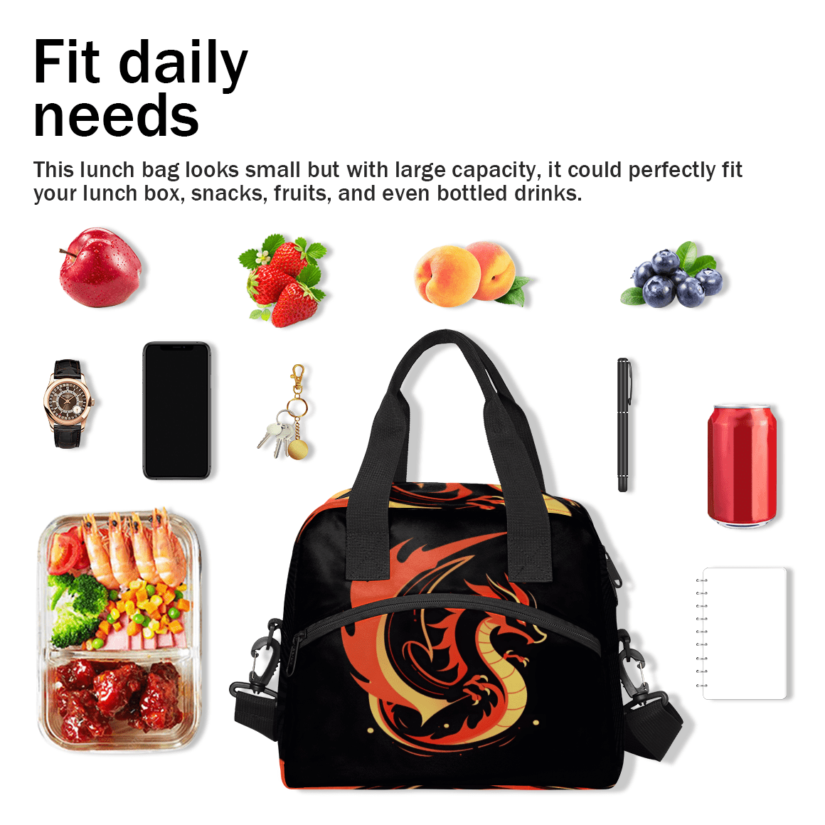 Herdesigns Dragon Insulated Lunch Bag for Women Men Adults Large Reusable Lunch Box Funny Leakproof Cooler Tote Bags with Adjustable Shoulder Strap
