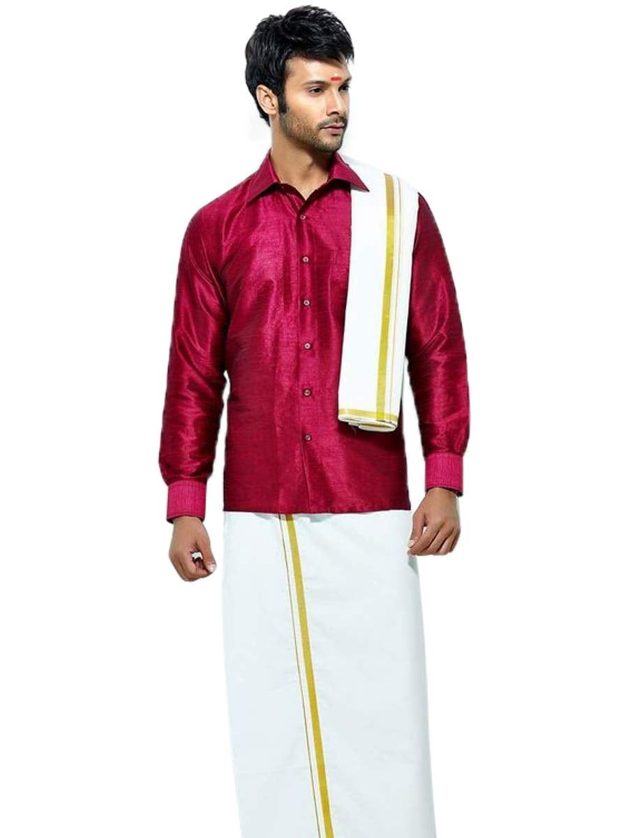Men's Dhoti Kurta Set Raw Silk Shirt Paired Traditional Cotton Dhoti 38