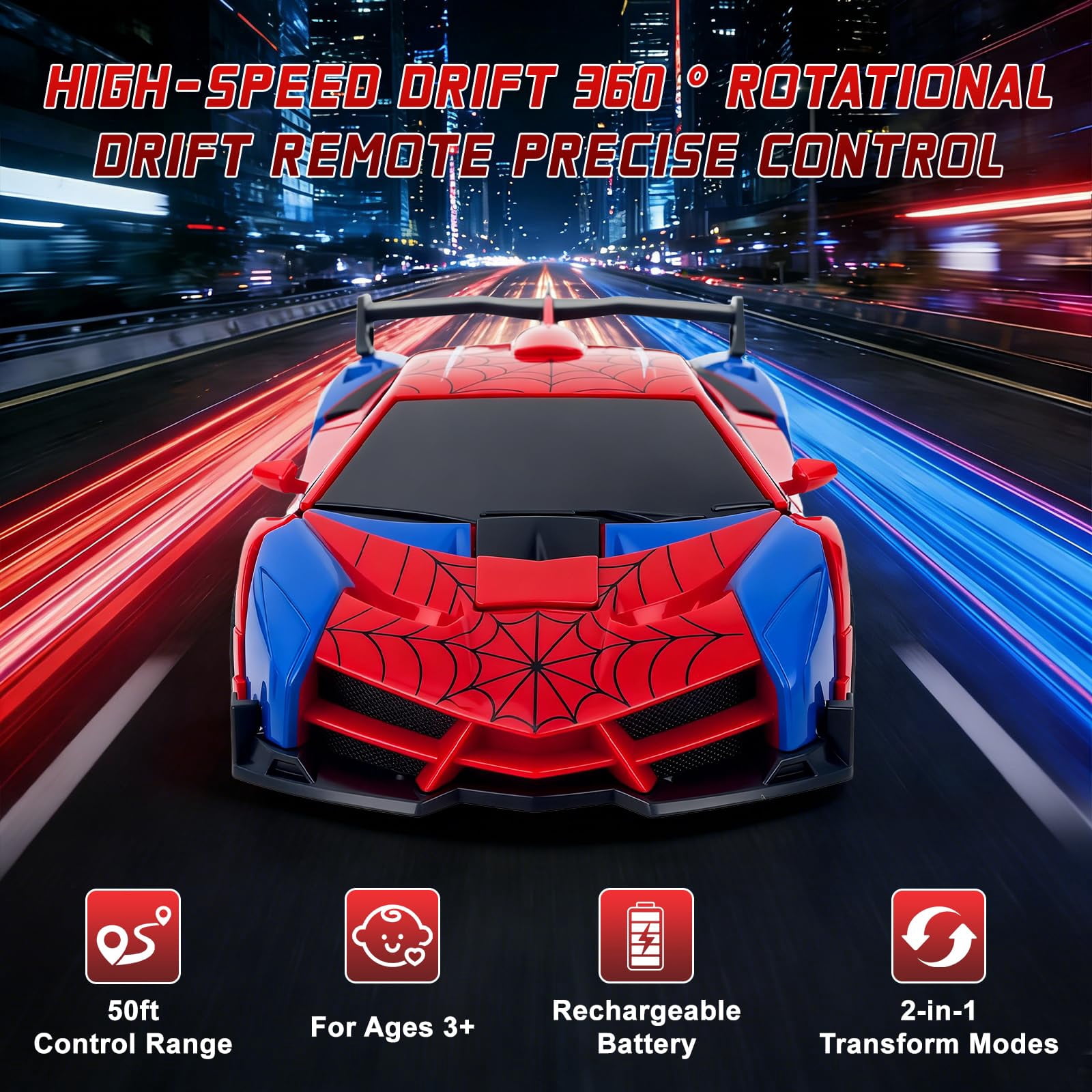 Spider Remote Controls Car, 1:18 Scale Transformer Robot Toy with 2.4GHz One-Button Deformation and 360° Rotation, RC Vehicle Gift for Boys Ages 3-12