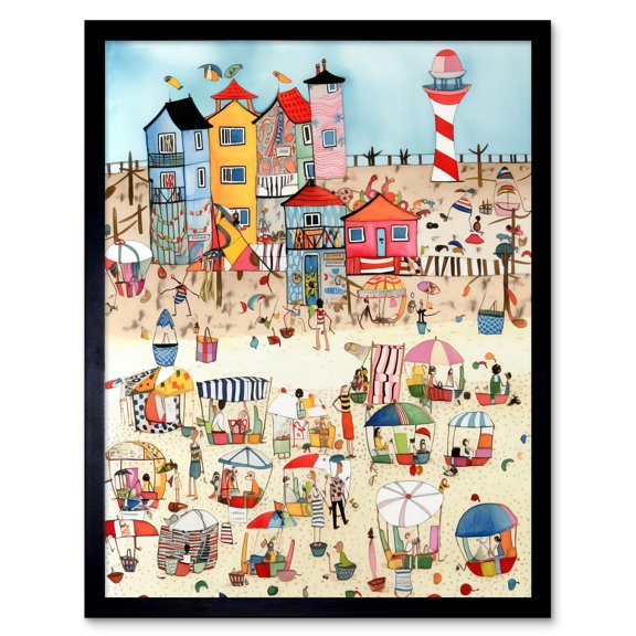 Day At The Seaside Abstract Folk Art Art Print Framed Poster Wall Decor 12x16 inch