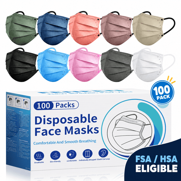 Disposable Face Mask For Adults - Travel Essentials, 100 Pack Individually Wrapped, 4 Ply Protection,Safety Masks Disposable