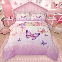 Homewish Purple Butterfly Child Full Size Comforter Sets, Romantic Flower Floral Bedding Comforter Set, Teens Kids Girls Women Reversible Bedding Sets, Ultra Soft Bedroom Decor, 3-Piece