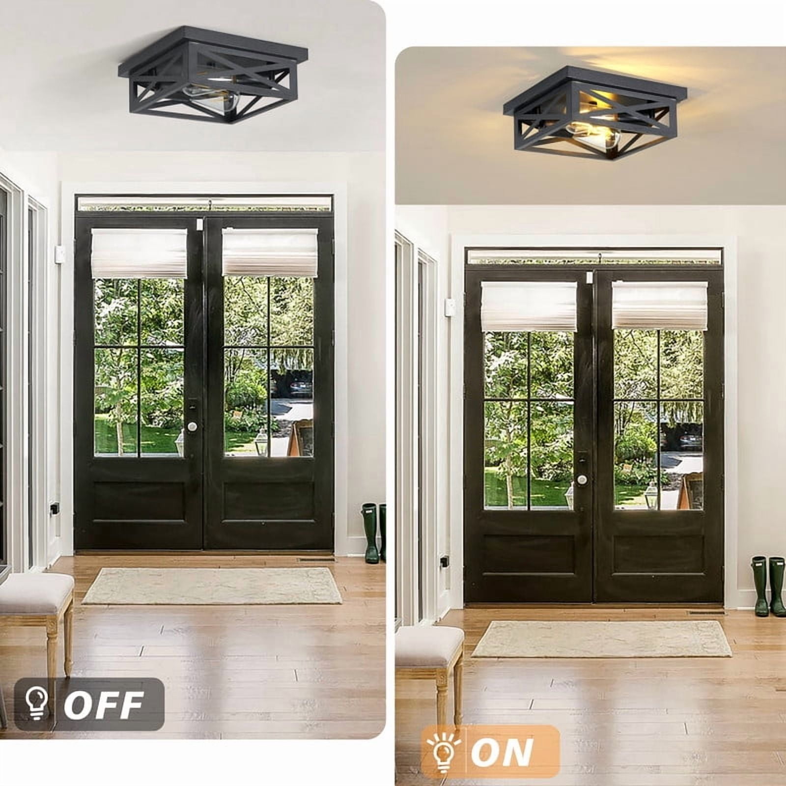 GCGAFUL 2-Pack Farmhouse Flush Mount Ceiling Light, 2-Light Matte Black Rustic Iron Square Ceiling Fixture, Farmhouse Ceiling Decor for Hallways, Kitchens, Living Rooms. E26 Base