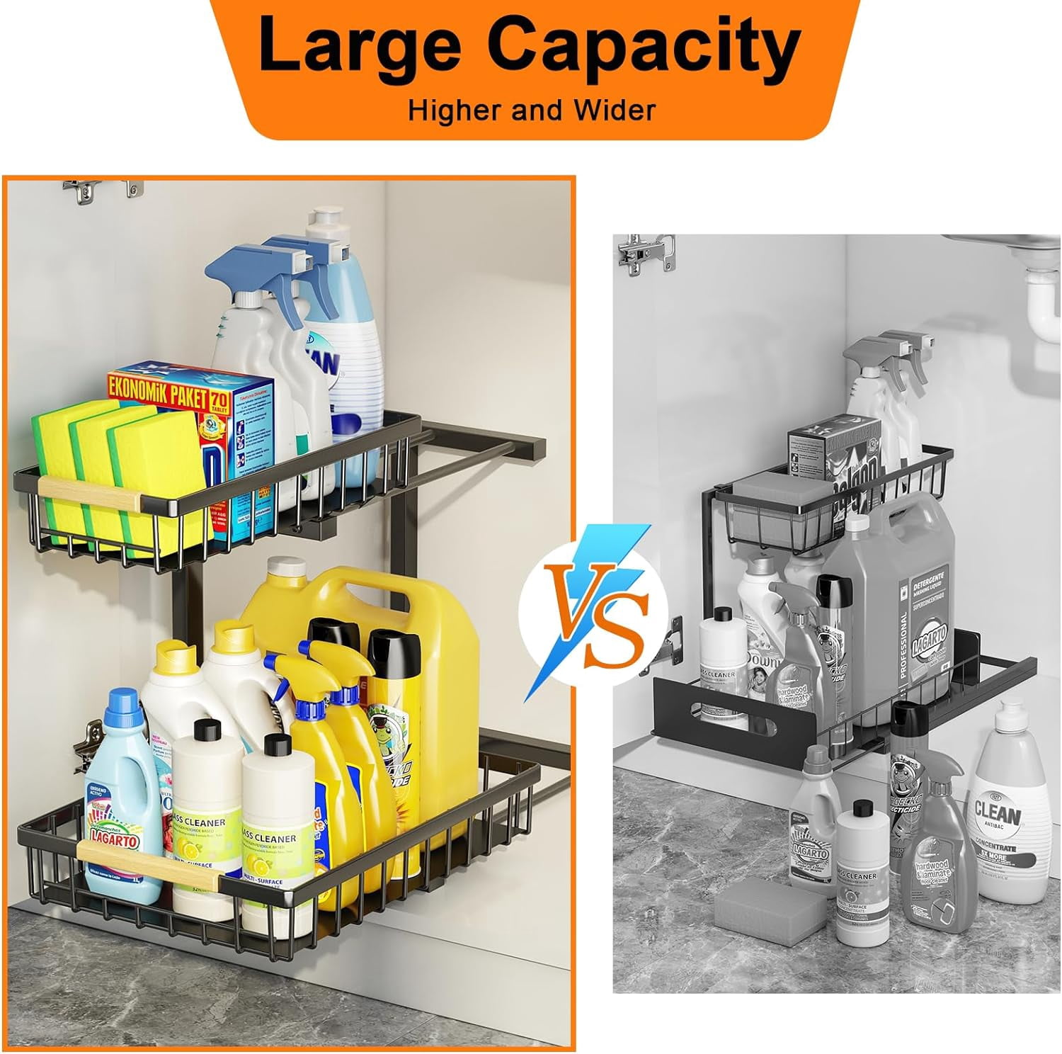 Under Sink Organizer and Storage, 2-Tier Pull Out Cabinet Organizers Shelf, Metal Sliding Drawers Shelves for Kitchen Bathroom Closet Organization, 2 Pack